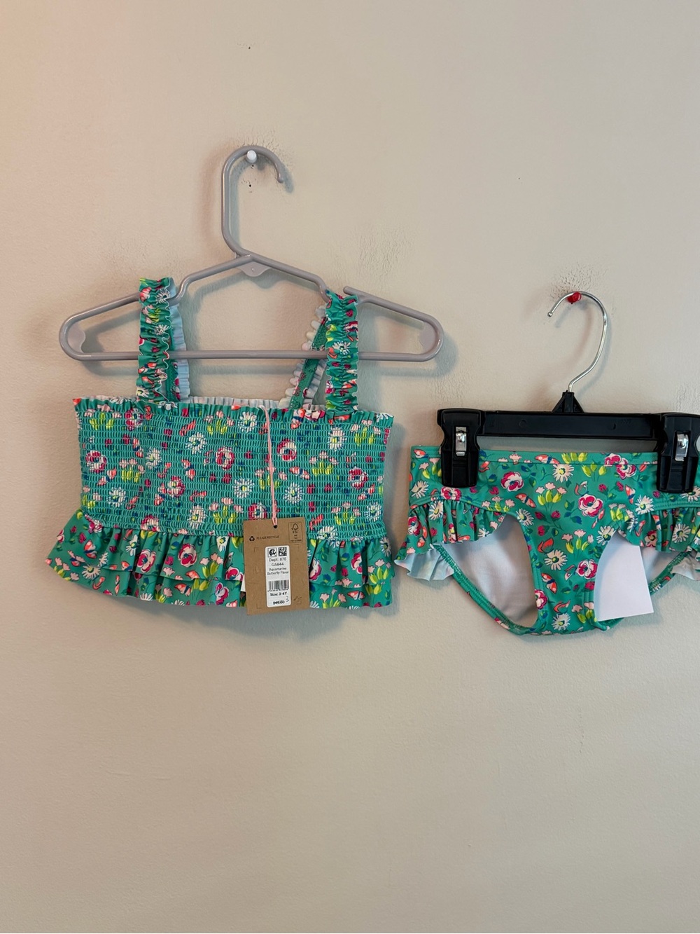 Mini Boden Kids Floral Ruffle Two-Piece Swim Set - Green